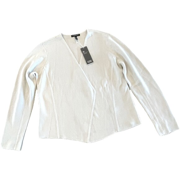 NWT EILEEN FISHER ANGLED SHAPED CARDIGAN SILK/ORGANIC COTTON BONE SZ PETITE LRG - Picture 1 of 7